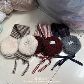 红色格纹系带毛绒针织耳罩女冬季保暖防寒护耳耳暖耳包耳套耳捂子