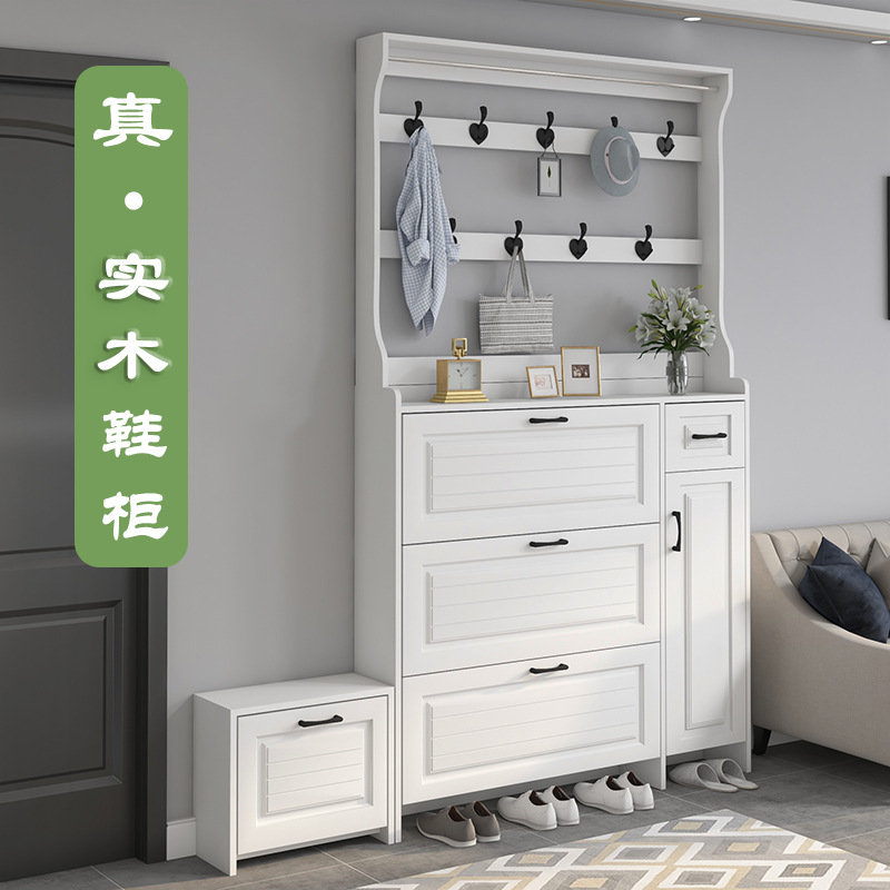 Solid Wood Ultra-Thin Tipping Shoe Cabinet, Simple Entryway Cabinet, Large-Capacity Hallway Cabinet, Home Storage, Narrow Shoe Rack for Doorway