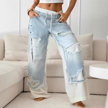 潮牌欧美街头拼接裤子时尚ins乞丐破洞牛仔裤女士夏季高个子女裤