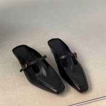 羊皮版~真皮复古方头T字带扣包头半拖鞋女气质通勤百搭粗跟穆勒鞋