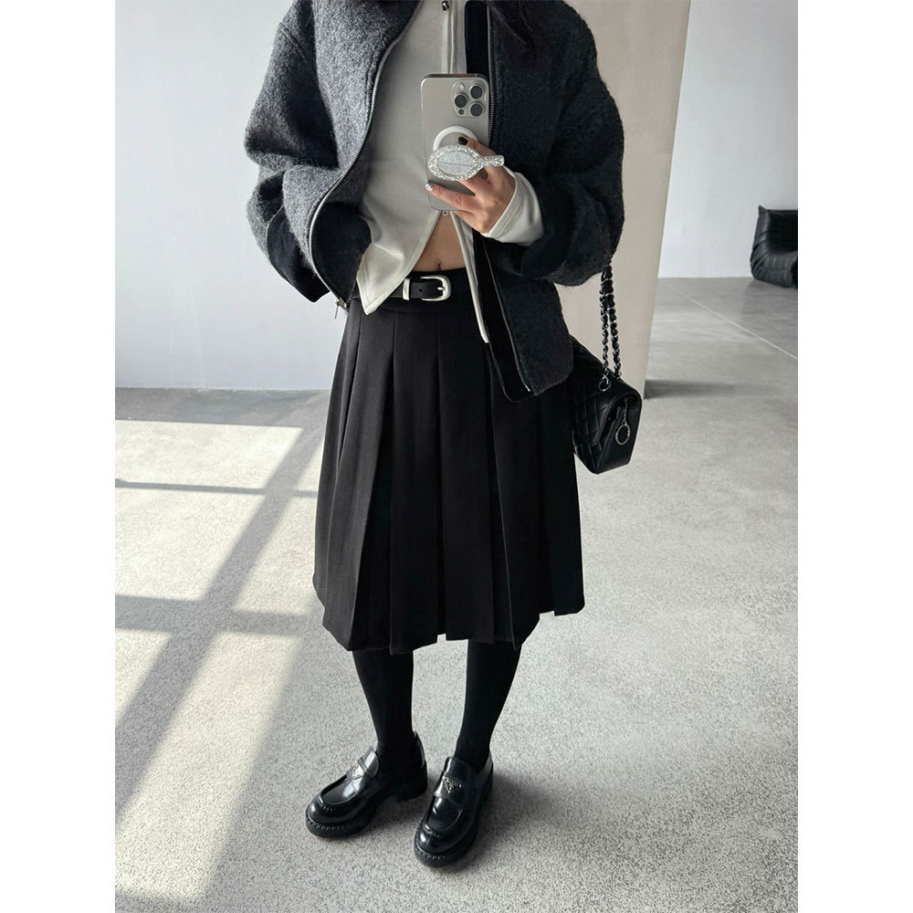 【王琪芝】加厚百褶中长半身裙女学院风高腰遮跨显瘦休闲裙WQ056