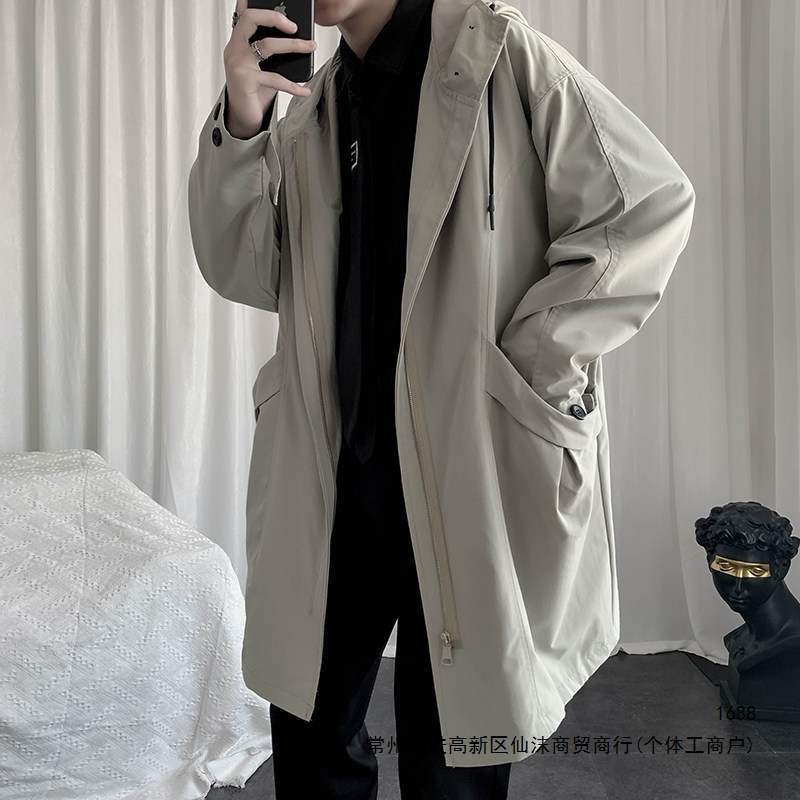 Men's mid-length zip-up trench coat for spring and autumn, trendy Korean style, loose fit, cool and stylish, Japanese style cape hooded jacket.