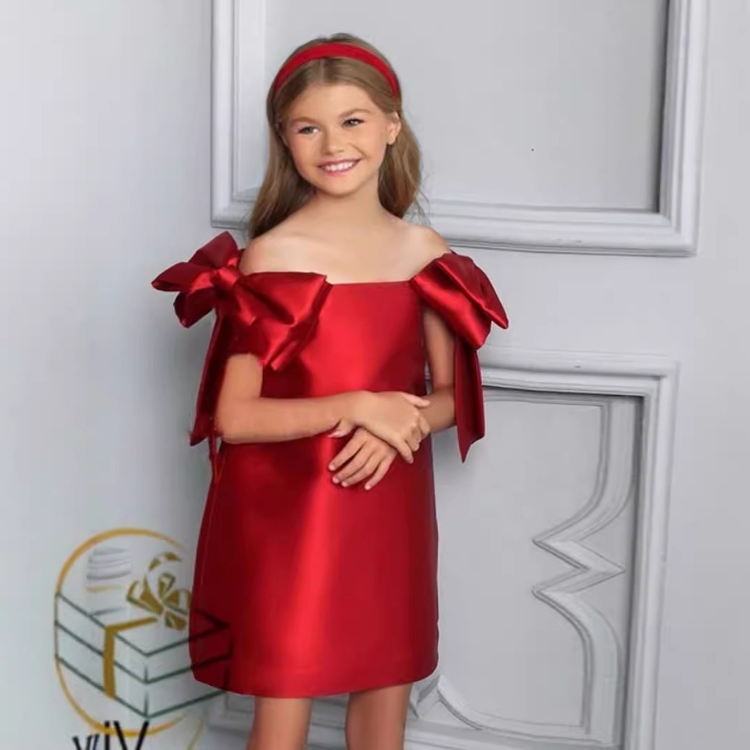 Vestido elegante de princesa rosa para meninas com laço - Vestido de festa de daminha de honra com renda para aniversário, recital de piano e ocasiões especiais._voghion.com