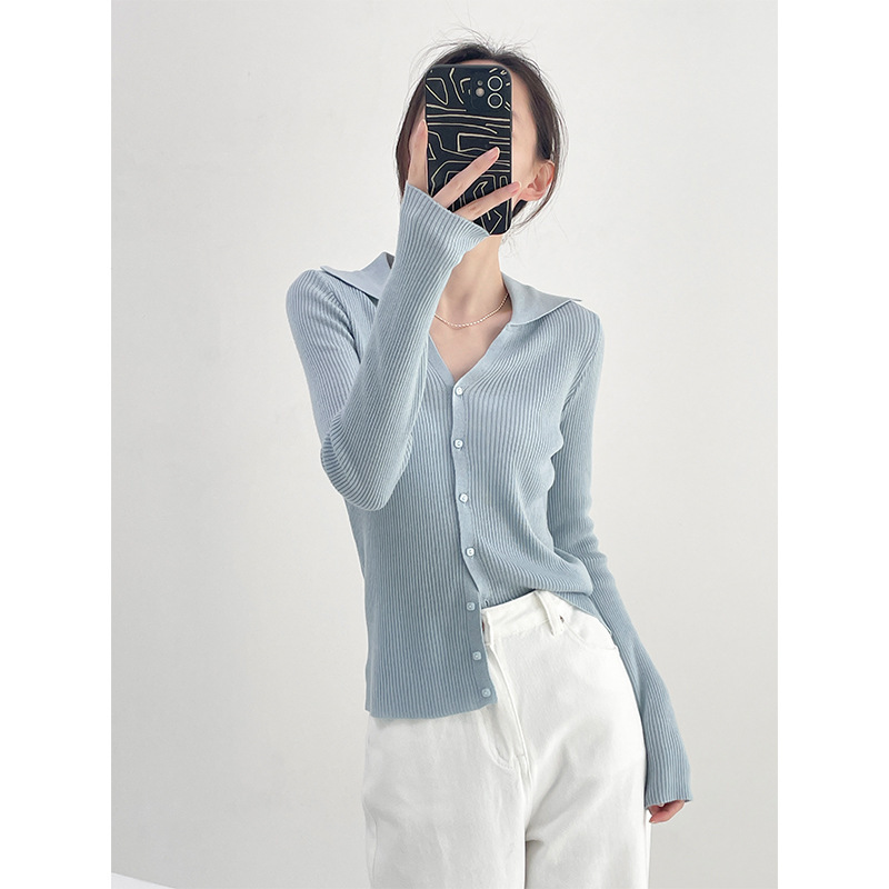 Blue Knitted Cardigan for Women 2026 Spring and Autumn Thin Style, Slimming for Slightly Plump Figures, Regular Shoulder Fit, Polo Collar, Long Sleeve Top, Korean Style