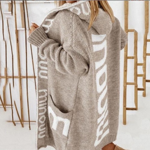 Women's European and American Knitted Cardigan, Medium Long Length Sweater Coat, Letter Hooded Knitted Women's Clothing