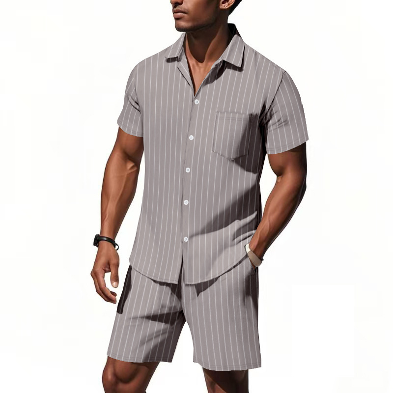 Traje de lino de verano de Amazon transfronterizo Camisa de manga corta suelta jacquard a rayas para hombre Pantalones cortos de playa de dos piezas