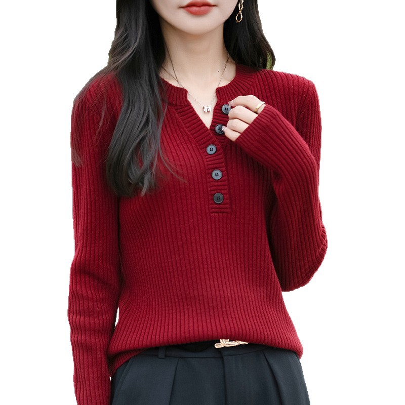 红色V领显瘦针织打底衫女2025秋冬新款洋气内搭大码女装针织毛衣|undefined