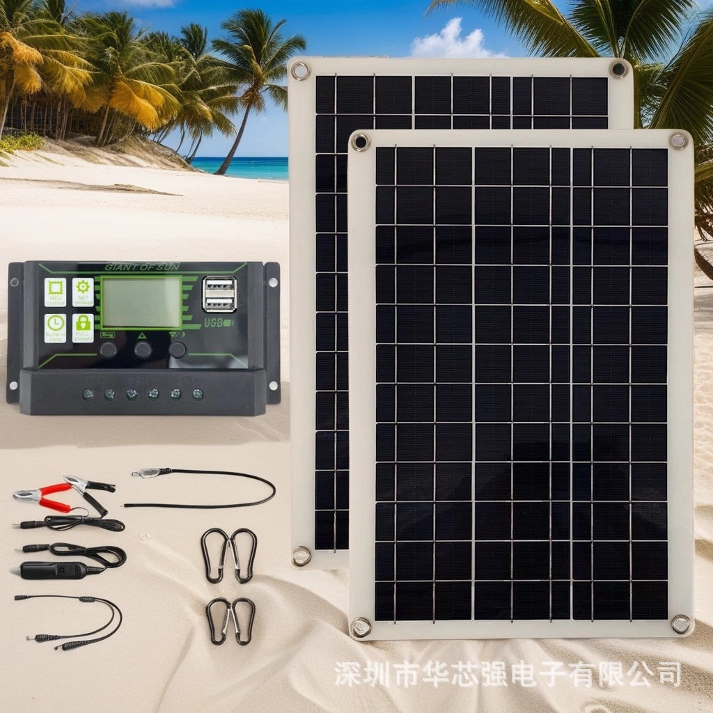 多晶18W*2太阳能板套装充电18V12V5V小型光伏发电户外房车跨境