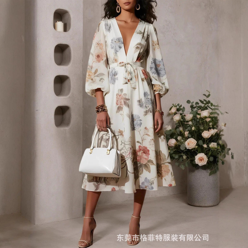 Women's White Floral V Neck Long Sleeve Lantern Sleeve A-Line Elegant Fashion Elegant Mid-Length Skirt Bridesmaid Skirt Women's Clothing