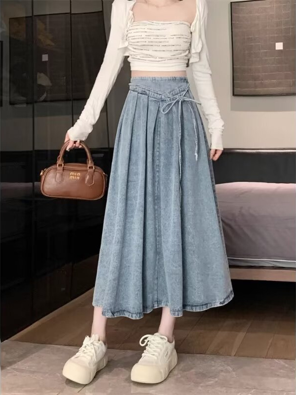 女性用ストラップ付きデニムスカート、夏の新しいスタイル、伸縮性のあるハイウエストレースアップAラインプリーツスカート、股をカバーする大きな裾のロングスカート|undefined