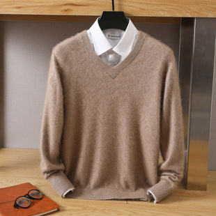 2024 New Autumn and Winter Mink Knitwear Men's V Neck Loose Pure Color Pullover Cardigan Bottoming Knitwear Top