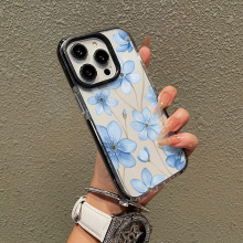 独立站日韩风满屏蓝色花朵适用苹果14/15plus透明大孔手机壳耐磨
