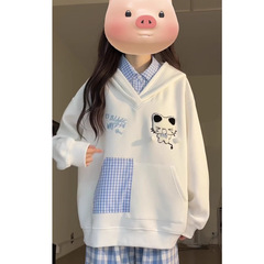 新しいアメリカンカレッジスタイルの子犬刺繍フェイクツーピース長袖フード付きスウェットシャツ秋冬多用途ルーズカジュアルトップ