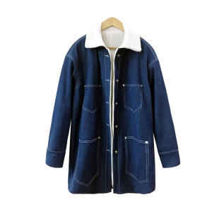 Spring, Autumn and Winter Star Yuan Quan's Same Style Mid-Length Single-Breasted Loose Denim Jacket Lamb Velvet Cotton Coat for Women