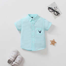 儿童衬衫外贸短袖衬衫绿色休闲小童刺绣短袖男童衬衫跨境圣诞爆款