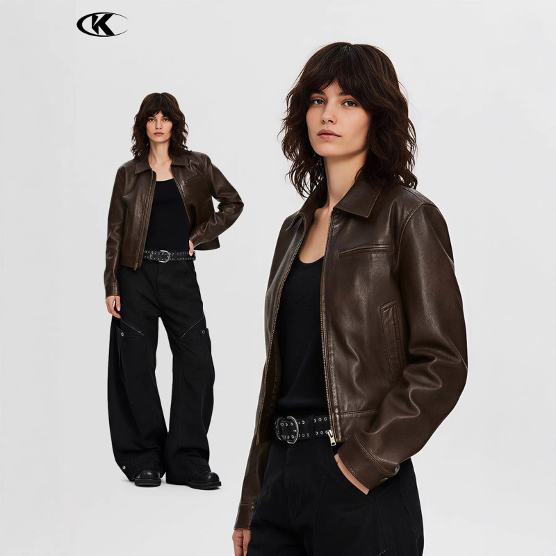 11Kn American Retro Coffee Brown Leather Jacket for Men and Women with a Stylish Lapel, Pu Biker Short Wide Slim-Fit Top