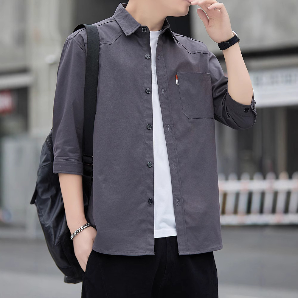 Cotton Spring and Summer Main Push 2025 New Shirt Men's Hong Kong Style Japanese Korean Style Fashionable Cotton Seven-Sleeve Shirt