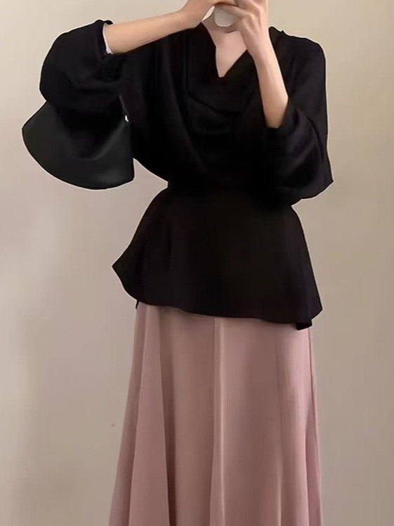 春秋穿搭一整套气质黑色2025款衬衫上衣女半身裙韩系chic两件套装|undefined