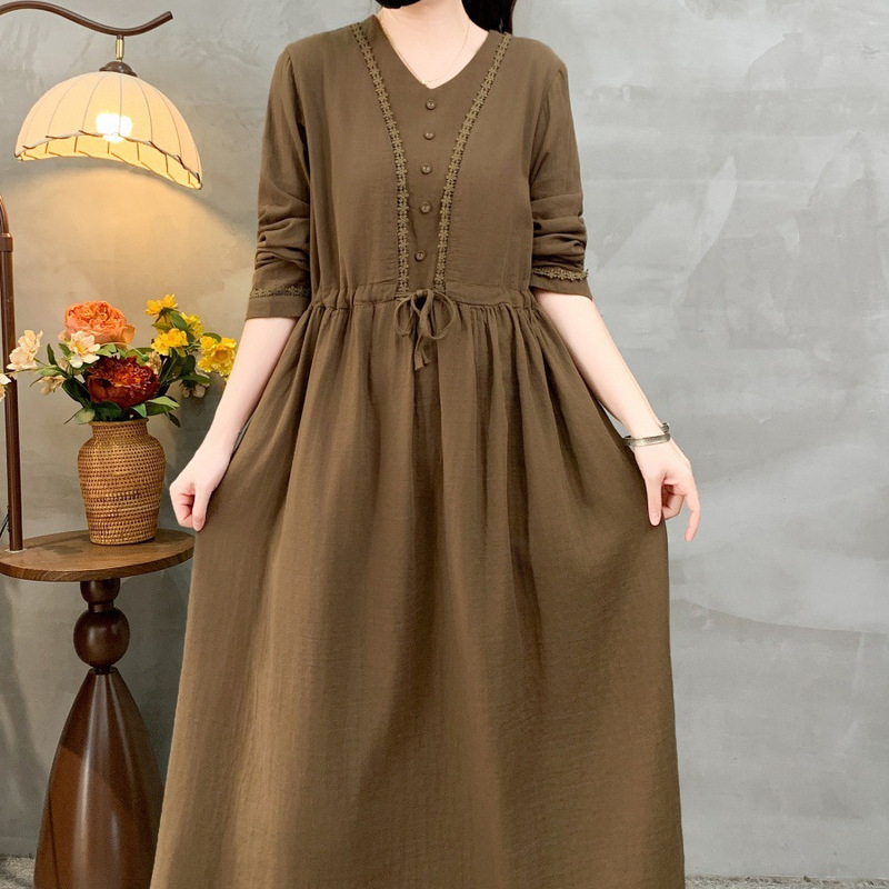 2026 Spring Cotton Blend Long Sleeve Women's Robe, Artistic Solid Color Extended Length Cotton Gauze Dress