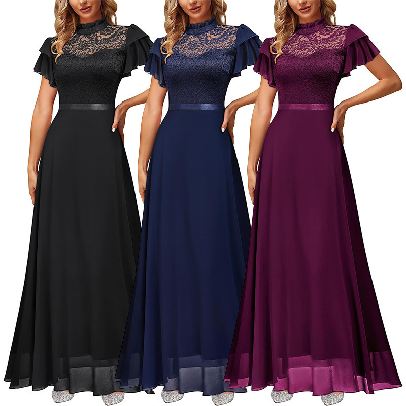 European and American Cross-Border 2023 New Autum Extended Chiffon Dress Lace Style Ladylike Elegant Party Evening Dress