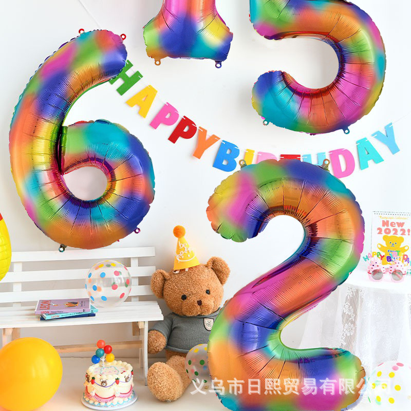 40寸七彩漸變色七彩數字鋁膜氣球兒童生日數字派對裝飾場景布置