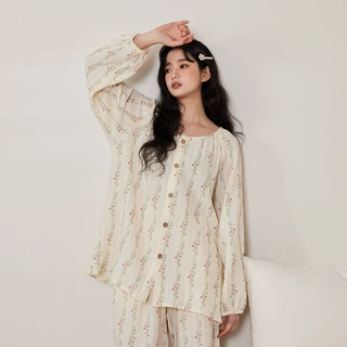 唯美流苏蔷薇 圆领开衫A类纯棉睡衣女春季新款法式棉纱家居服套装