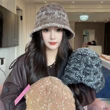 渐变色渔夫帽钩针条纹保暖编织毛线渔夫帽大头围帽子盆帽保暖女