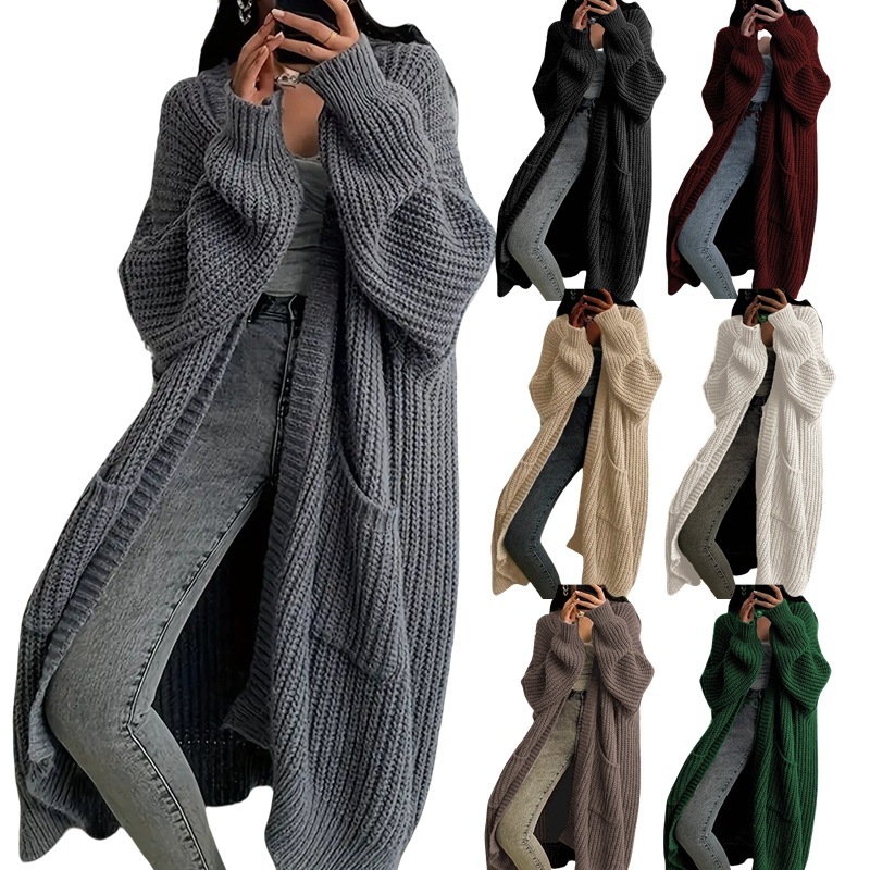 Cross-Border Export Long Thick Woolen Outwear for Women Spring and Autum New Style Lazy Style Loose Pure Color Versatile Knitted Cardigan Cross-Border Export Long Thick Woolen Outwear for Women Spring and Autum New Style Lazy Style Loose Pure Color Versatile Knitted Cardigan