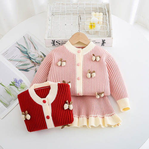 Children's cardigan dress for girls, cute butterfly knot decoration, knitted sweater set, two-piece fish tail dress, knitted set dress