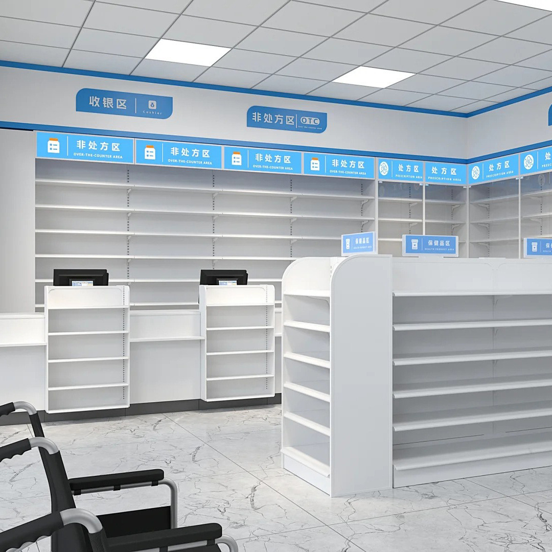 Estantes de supermercado, tienda de conveniencia, papelería, farmacia, estanterías de almacenamiento, productos, cosméticos, almacenamiento comercial, acero y madera