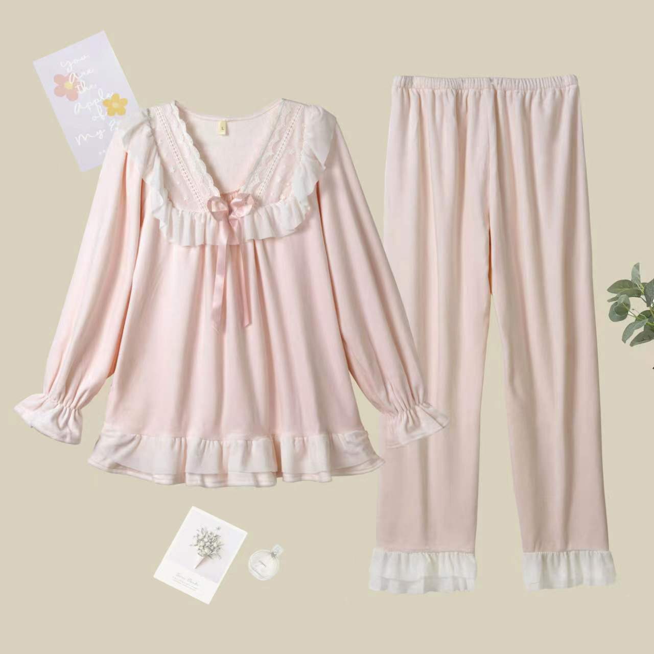 海岛绒睡衣女秋冬季高级感可爱娃娃领上衣少女心加厚毛绒睡衣套装