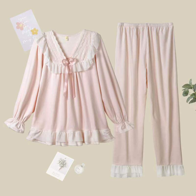 Island Velvet Pajamas for Women in Autumn and Winter, High-End Cute Doll Collar Tops, Girly Heart Thickeneded Plush Pajamas Set