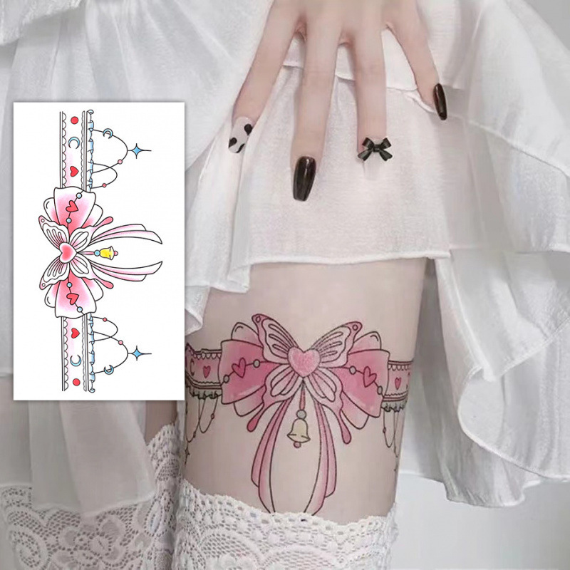 Lace Bow Leg Ring Sexy Thigh Japanese Style Colorful Tattoo Sticker Waterproof Long-Lasting Realistic Female Sexy Sweet and Cool