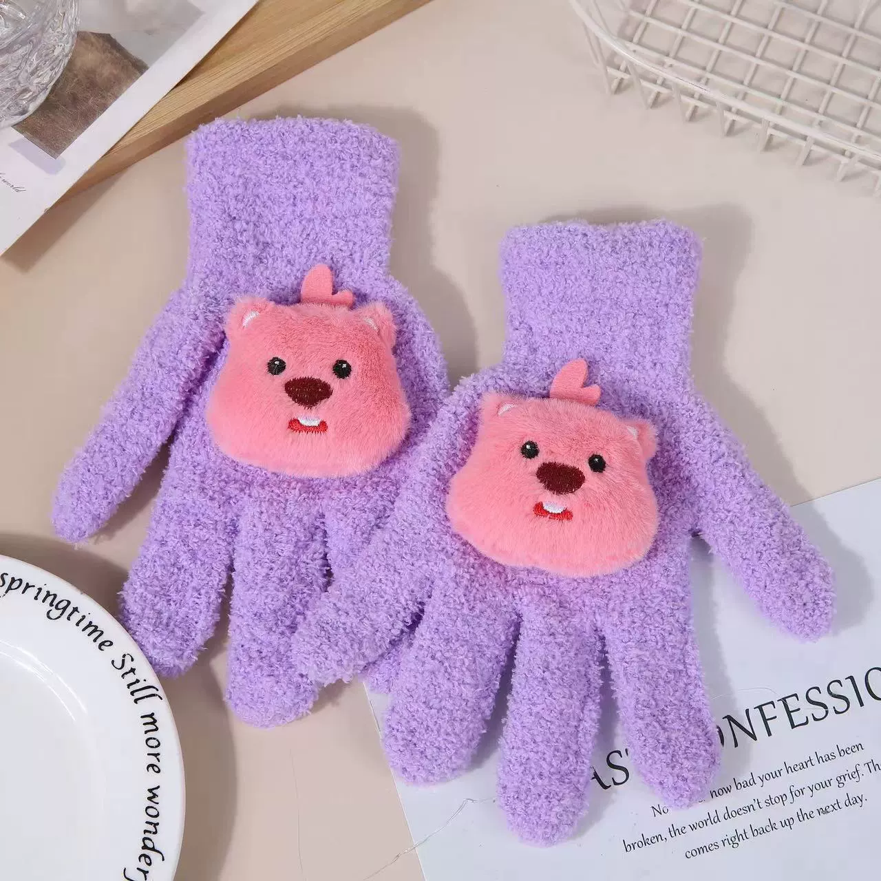 Windproof cute keep warm cartoon gloves for adults, custom-made