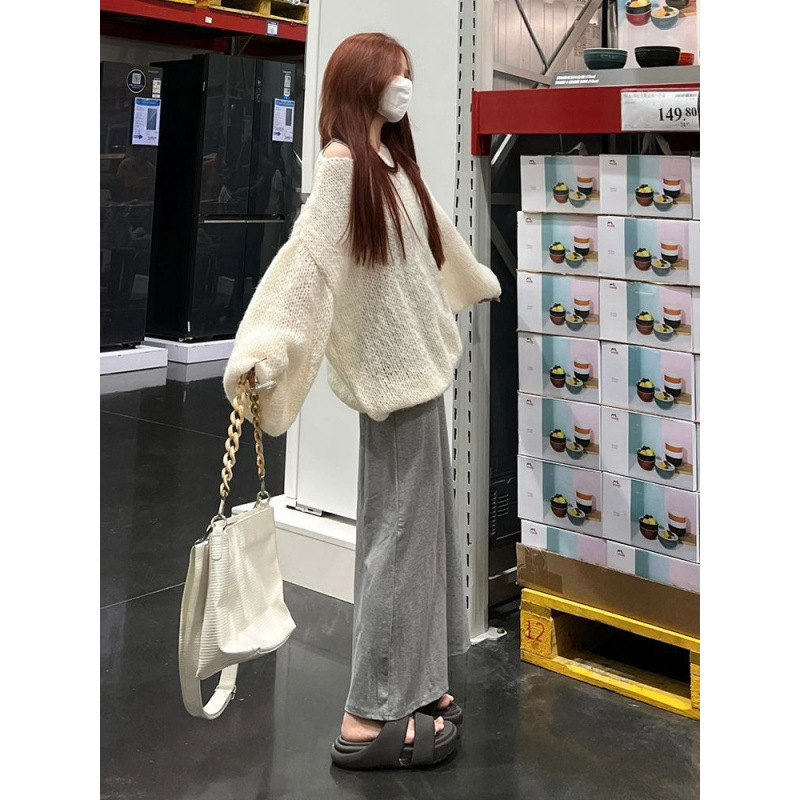 慵懒风长袖镂空针织衫套装女秋季叠穿灰色简约修身显瘦吊带连衣裙|undefined