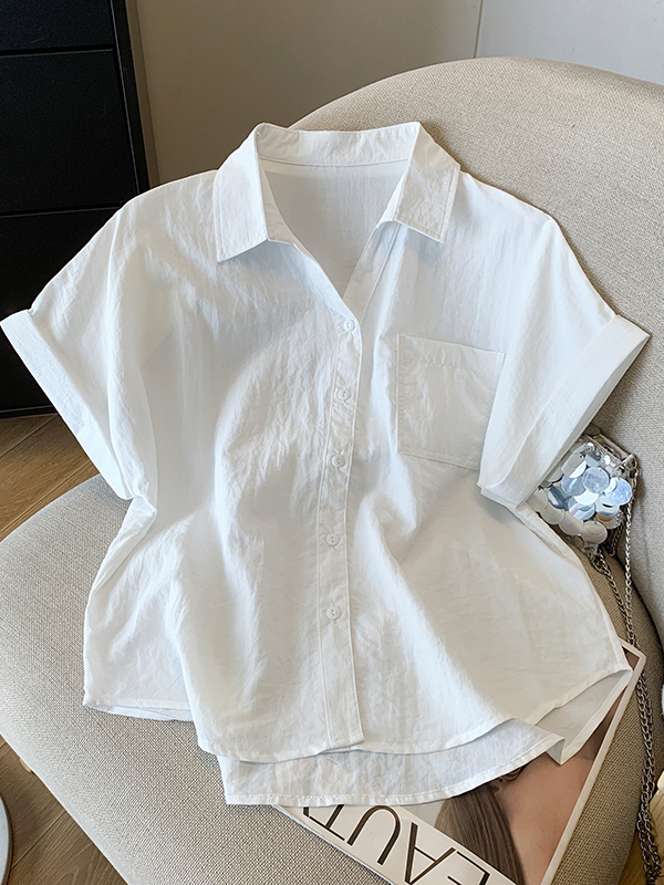 女性用ホワイトコットンとリネンの半袖シャツトップス、夏用の薄いポロカラー、ゆったりとしたシックなシャツ|undefined