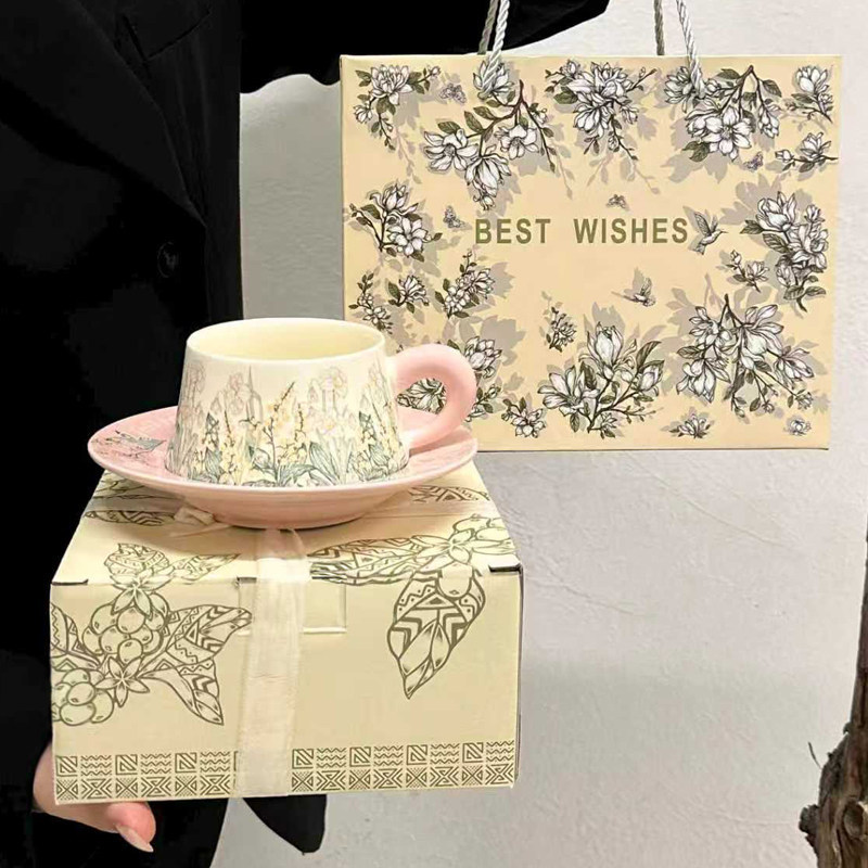 Retro Oil Painting Style Wind Chime Flower Ceramic Coffee Cup and Saucer Set, High Aesthetic Value, Afternoon Tea Cup Gift for Girls, Souvenir
