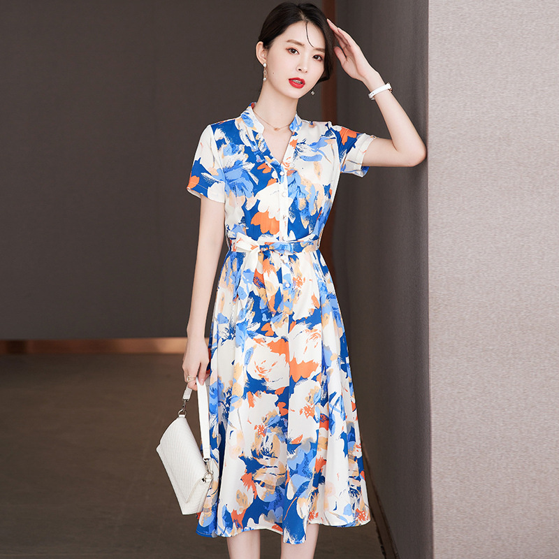 2025 New Summer Style French Floral Dress for Women, Fashionable and Elegant Chiffon Printed Long Style
