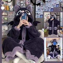 特価！！可愛い漫画風コウモリ柄コーラルフリースパジャマ レディース 冬 2025年新作 厚手ナイトガウン ルームウェア