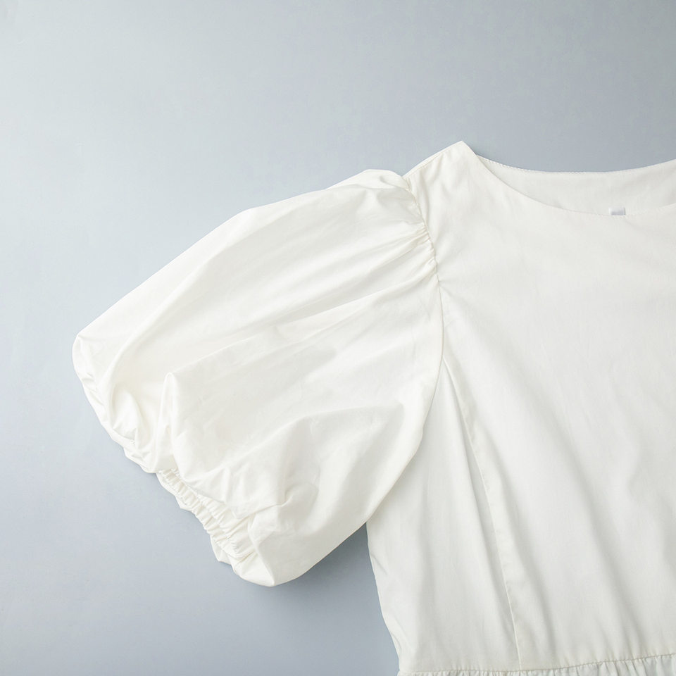 Đầm liền nữ cổ tròn tay phồng cotton dáng rộng màu trơn — Màu trắng chi tiết 9