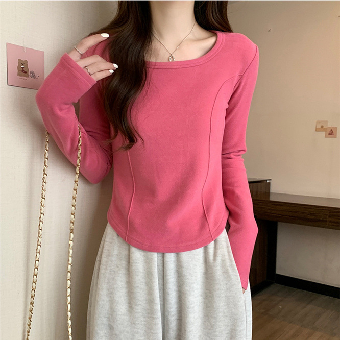 Short Base Layer Shirt for Women in Autumn and Winter, Fishbone Line Long-Sleeved T-Shirt, Slim Fit, Niche Design Top for Women