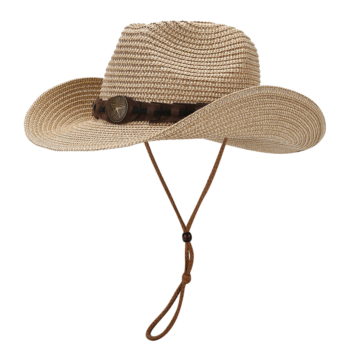 El viento del oeste decoración de sombrero de paja de vaquero para hombres y mujeres de verano retro al aire libre con cuerda a prueba de viento sombrero de sombrero solar transpirable