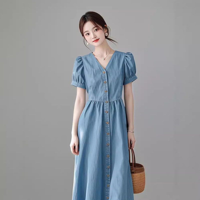 FL240835 French Style Doggy Atmosphere Formal Occasion Lazy and Relaxed Denim Blue V-Neck dress FL240835 French Style Doggy Atmosphere Formal Occasion Lazy and Relaxed Denim Blue V-Neck dress