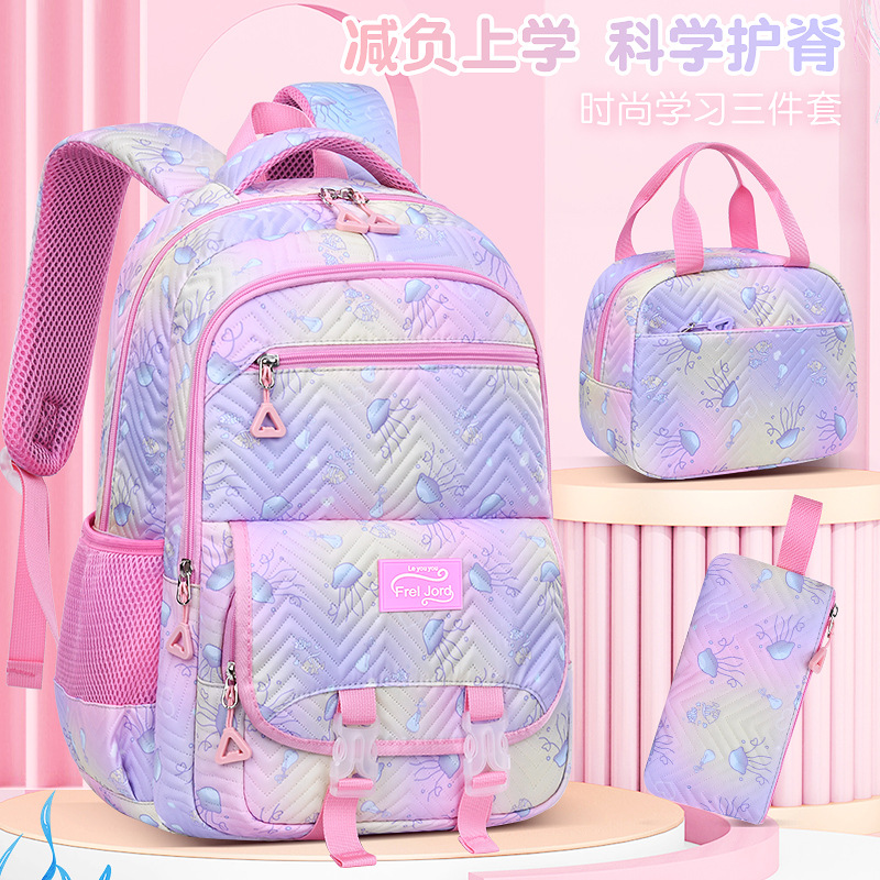 Cross-Border Backpack Three-In-One with Lunch Bag, Pencil Case, Jellyfish Print Embossed Material, Double Shoulder Bag for Primary, Middle, and High School Students