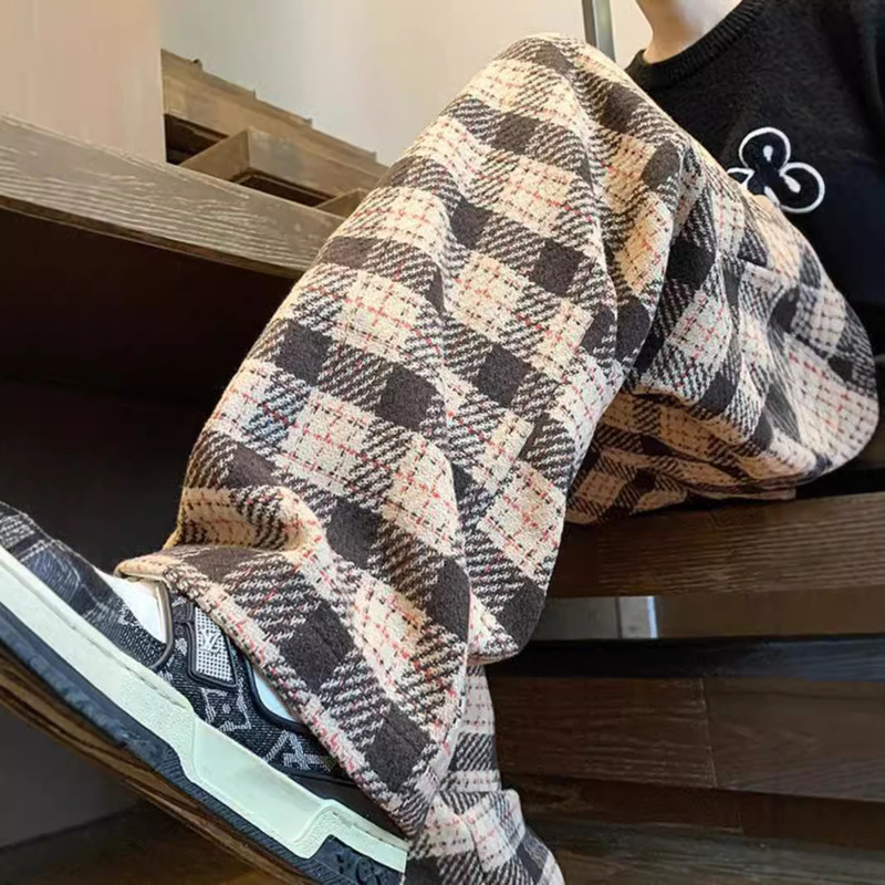 Winter Flannel Prellis Pants Men's American Style Fashion Brand Retro vintage Casual Pants Loose Woolen Wide-leg Pants