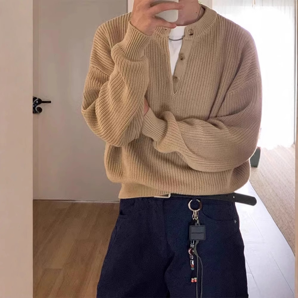 Old Qian Feng Henry Collar Sweater Men's Winter cleanfit American Style Retro POLO Knitted Shirt Lazy Base Shirt