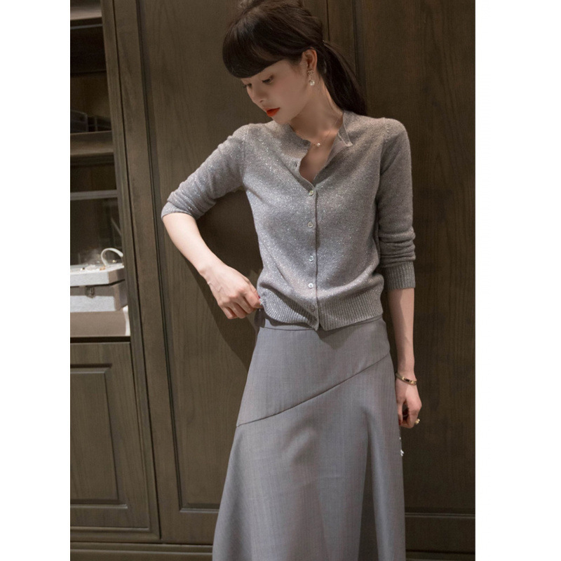 Cardigan Knitted Jacket for Women 2025 New Autumn and Winter Thin Outer Top Gray Regular Style Bright Silk Low Round
