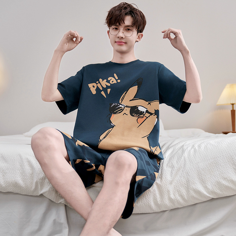 Summer men's short-sleeved cotton pajamas, cartoon style, thin, plus size, men's loungewear set.