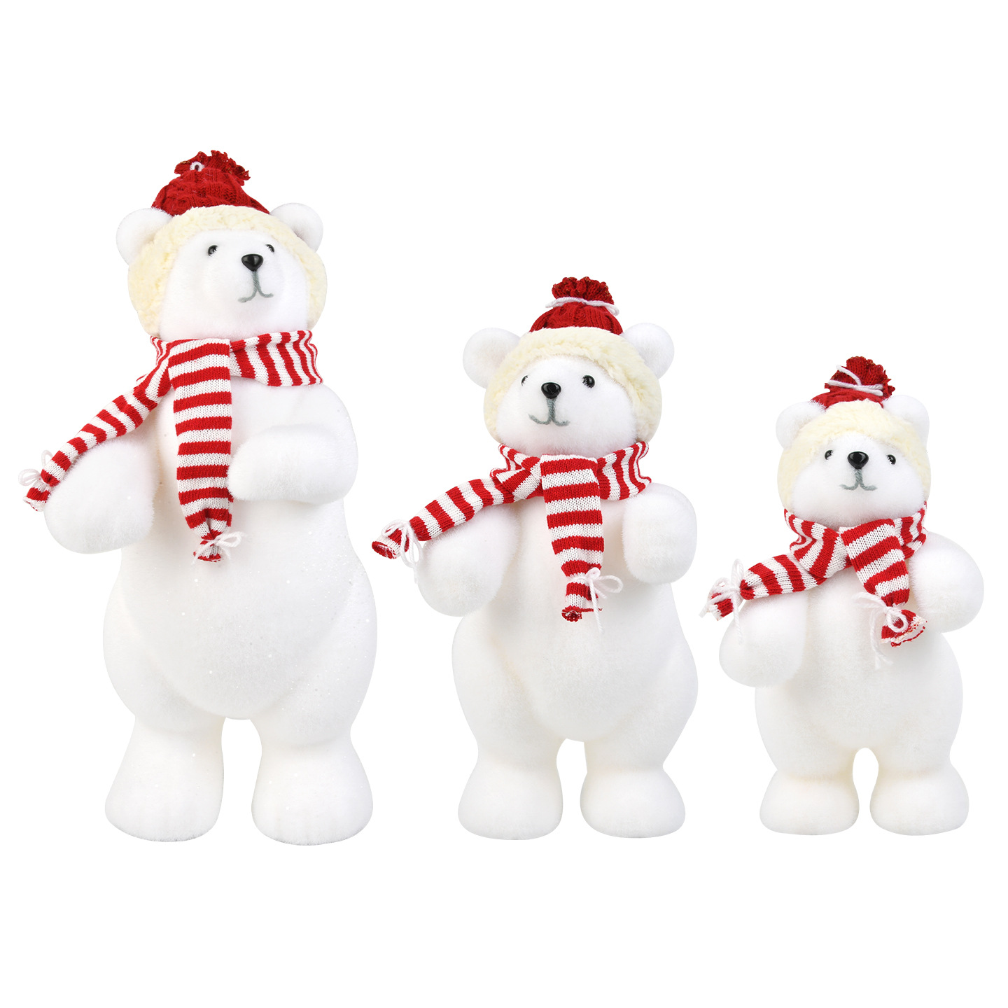 Navidad blanco flocado osos adornos de decoración ventanas rojas grandes y medianas decoración de la sala de exposiciones osos adornos de bebé