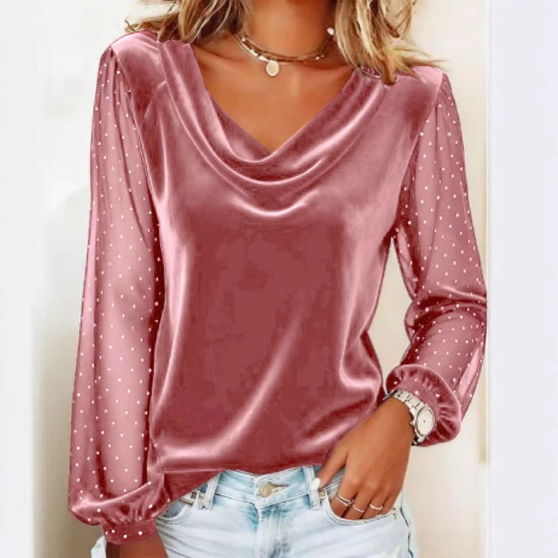 2026 New Amazon Independent Site European and American Cross-Border Women's Clothing Solid Color V-Neck Mesh Rhinestone Long-Sleeve T-Shirt 2026 New Amazon Independent Site European and American Cross-Border Women's Clothing Solid Color V-Neck Mesh Rhinestone Long-Sleeve T-Shirt